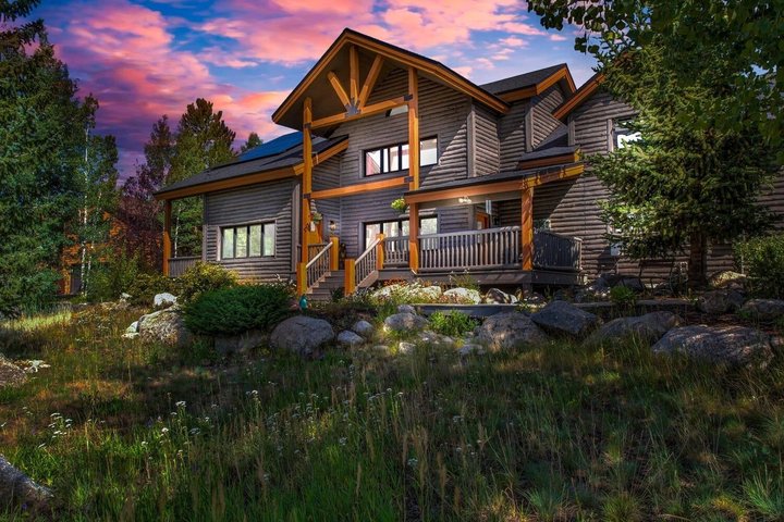 Mountain home exterior at sunset, Silverthorne Colorado