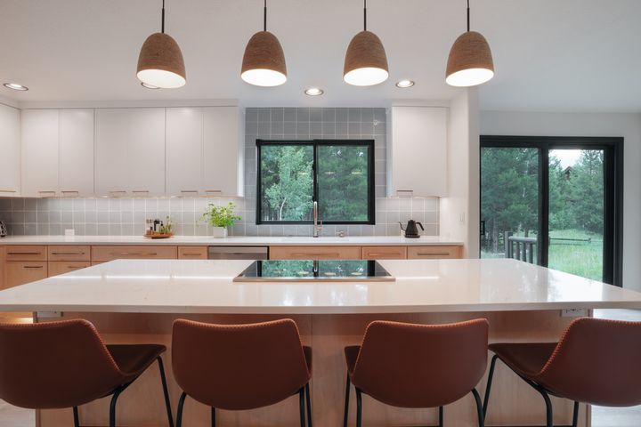 Chef's kitchen island with pendant lights