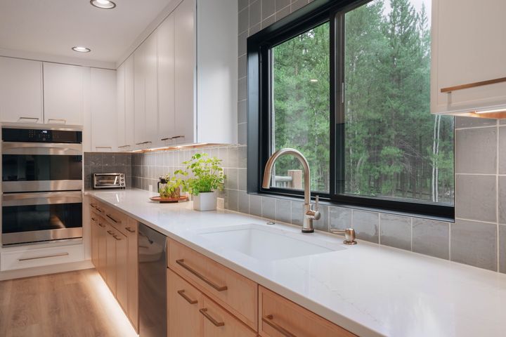 Kitchen sink with forest views